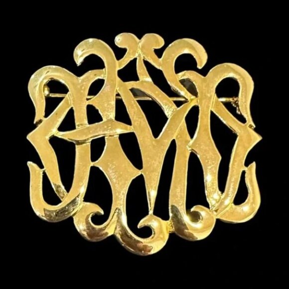 Gold Tone Brooch Signed MJENT Intricate Design Vintage Collectible Jewelry - Picture 1 of 4